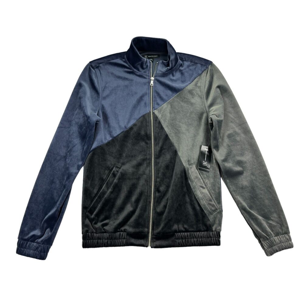 INC Mens Pieced Colorblock Velour Jacket Blue Black XS